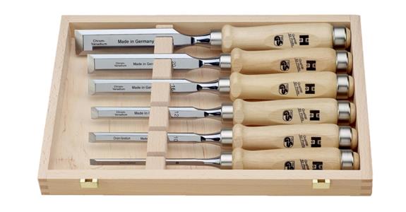 Bevelled-edge chisel set 6 pcs w. wood. handle cutt. edge W 6/10/12/16/20/26 mm